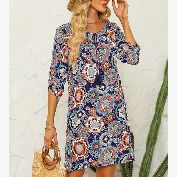 Hotouch NWT L blue orange white Bohemian Floral Print Tassel tie Dress - Picture 3 of 9